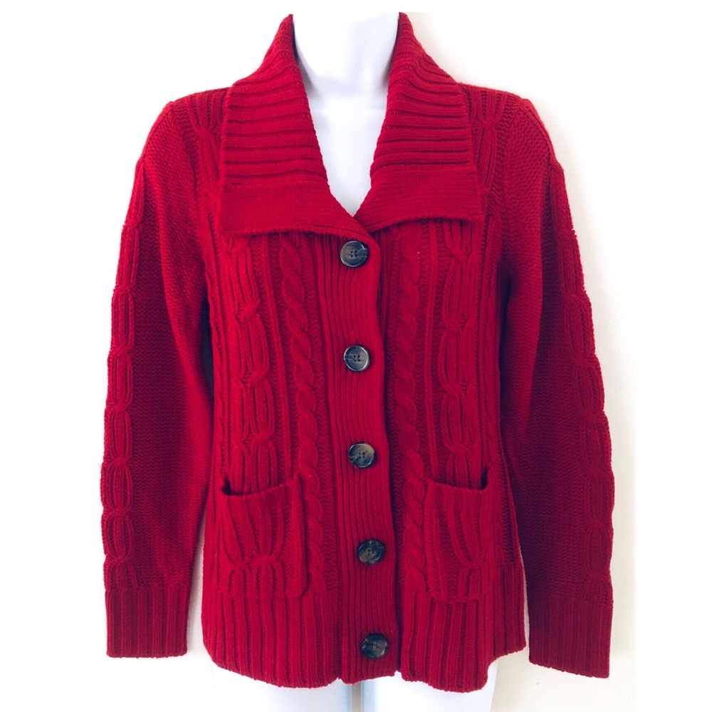 St.John’s Bay Red Cable Knit Button-Down Cardigan Sweater Collared w/Pockets